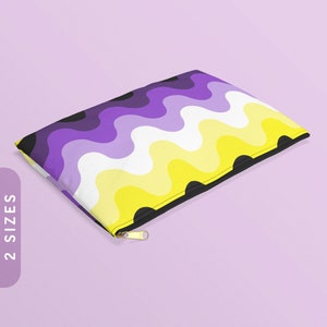 May include: A yellow, purple, and white zippered pouch with a wavy pattern. The pouch has a black zipper and a black trim.