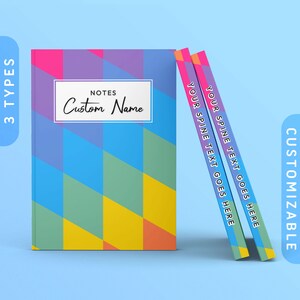 May include: A colourful notebook with a geometric pattern on the cover. The spine of the notebook is customizable with text. The text on the cover reads "NOTES Custom Name".