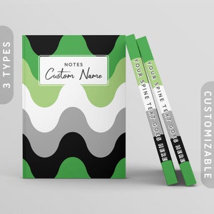 Puede incluir: Un cuaderno verde, negro, blanco y gris con un patrón ondulado. La portada tiene el texto "NOTES Custom Name" en un cuadro blanco. El lomo del cuaderno tiene el texto "YOUR SPINE TEXT GOES HERE" en blanco.
