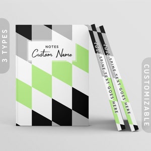 May include: A stack of three notebooks with a black, white, and green geometric pattern on the cover. The spine of each notebook has the text "YOUR SPINE TEXT GOES HERE". The front cover of the notebook has the text "NOTES Custom Name".