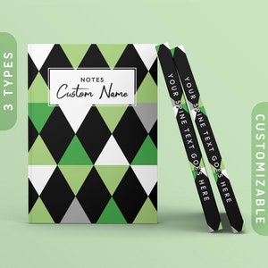 Puede incluir: Un cuaderno negro, verde y blanco con un patrón geométrico. El cuaderno tiene una columna vertebral personalizable y un título que dice "NOTES Custom Name".
