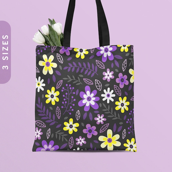 Subtle Nonbinary Pride Flowers Tote Bag | All Over Print Reusable Bag | LGBTQ Pride Shoulder Bag | Enby Pride Flag Shopping Bag