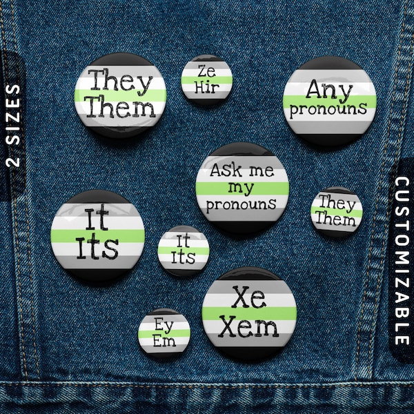 Agender Pronoun Pin Buttons | Agender Pride Flag Tin Pins | Custom Any Pronouns | They/Them | It/Its | Xe/Xem | Ze/Hir | Ask Me My Pronouns