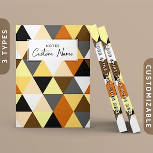 May include: A notebook with a geometric pattern in yellow, brown, grey, and black. The cover reads "NOTES Custom Name". Two notebooks lean against the main one, with "YOUR SPINE TEXT GOES HERE" on their spines. The design is customizable.