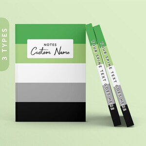 Puede incluir: Tres cuadernos rayados en verde, blanco, gris y negro apilados uno encima del otro. El cuaderno de la parte delantera tiene una etiqueta que dice "NOTES Custom Name". Las lomos de los cuadernos dicen "YOUR SPINE TEXT GOES HERE".