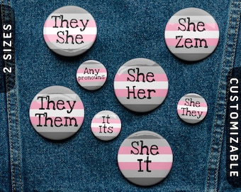 Demigirl Pronoun Pin Buttons | Demigirl Pride Flag Tin Pins | Custom Any Pronouns | They/Them | She/They | She/Her | She/It | She/Zem