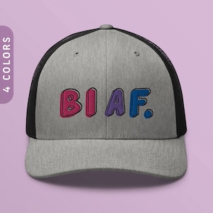 Bi AF. Trucker Cap | Subtle Bisexual Baseball Hat | Bisexual Pride Flag Hat | Bi Pride Outfit | Bisexual Gift