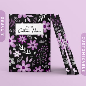 Puede incluir: Un cuaderno negro con un patrón floral morado y el texto "NOTES Custom Name" en la portada. El lomo del cuaderno es negro con texto blanco que dice "YOUR SPINE TEXT GOES HERE".