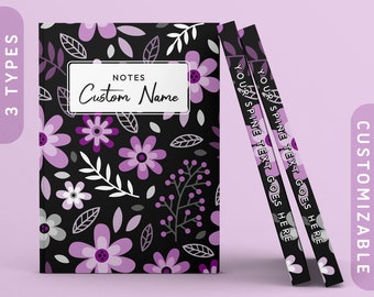 Puede incluir: Un cuaderno negro con un patrón floral morado y el texto "NOTES Custom Name" en la portada. El lomo del cuaderno es negro con texto blanco que dice "YOUR SPINE TEXT GOES HERE".