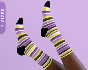 Nonbinary Pride Socks | Nonbinary Pride Flag Stripes Sublimation Socks | LGBTQ Non-Binary Enby NB Gift | Yellow & Purple Striped Crew Socks