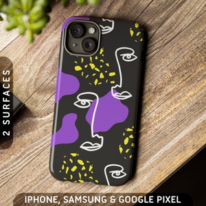 May include: A black phone case with a purple and yellow abstract design featuring two faces. The case has a camera cutout and is compatible with iPhone, Samsung, and Google Pixel phones.