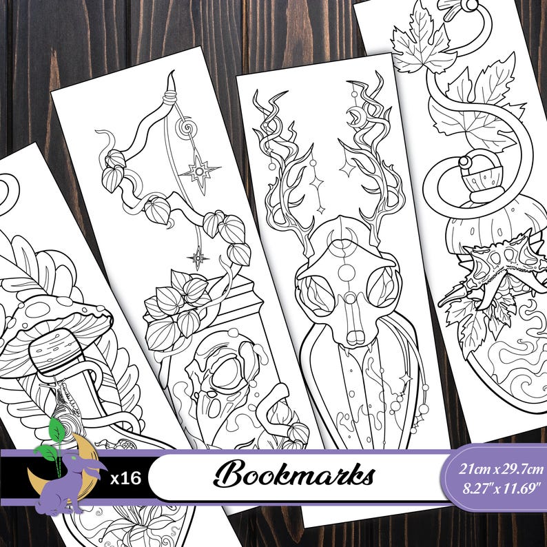 May include: A stack of sixteen black and white bookmarks with various fantasy-themed illustrations. The bookmarks feature designs of a mushroom, a deer skull, and other botanical and celestial elements. Each bookmark measures 8.27" x 11.69". The word "Bookmarks" is printed on the bottom.