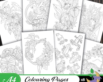 May include: A collection of eight A4 coloring pages featuring detailed line art illustrations of frogs and tropical foliage. The pages are black and white, ready for coloring, with the text "Colouring Pages" and "x8" visible.