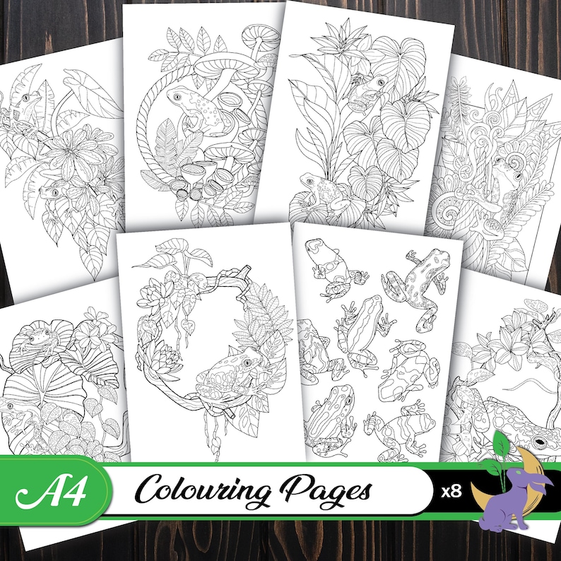 K&ouml;nnte beinhalten: Eine Sammlung von acht A4-Ausmalbildern mit detaillierten Strichzeichnungen von Fr&ouml;schen und tropischem Laub. Die Schwarz-Wei&szlig;-Seiten sind zum Ausmalen bereit, mit dem Text "Colouring Pages" und "x8" versehen.