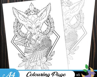 Fennek Fox & Hawk Färbung Seite: Schädel-Kristalle Wildnis Färbung Seite (Printable digitaler Download)