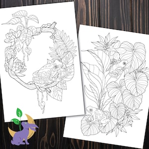 K&ouml;nnte beinhalten: Zwei Schwarz-Wei&szlig;-Malvorlagen mit detaillierten Illustrationen von Fr&ouml;schen in &uuml;ppigem, tropischem Laub. Ein Frosch sitzt auf einem Ast, umgeben von Bl&auml;ttern und Blumen, der andere zwischen gro&szlig;en Bl&auml;ttern.