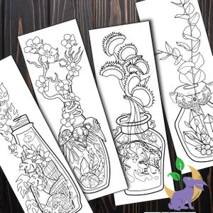 May include: Black and white botanical illustrations on rectangular cards. The designs feature various plants and insects inside glass bottles, including flowers, Venus flytraps, and a moth. The illustrations are detailed and suitable for coloring.