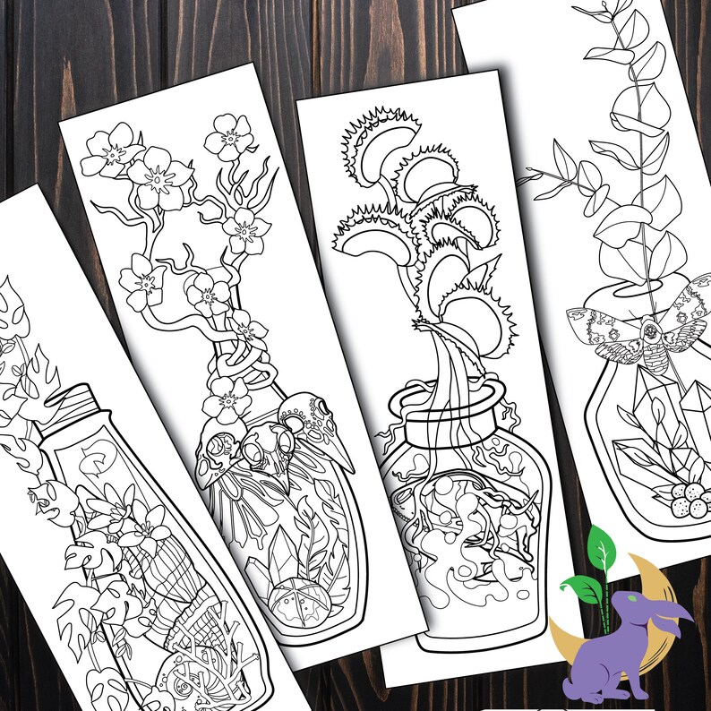May include: Black and white botanical illustrations on rectangular cards. The designs feature various plants and insects inside glass bottles, including flowers, Venus flytraps, and a moth. The illustrations are detailed and suitable for coloring.