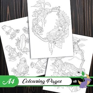 Jungle Frogs Coloring Pages: Botanical Designs, Set of 8 (Digital Download)