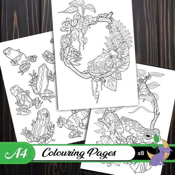 Jungle Frogs Coloring Pages: Botanical Designs, Set of 8 (Digital Download)