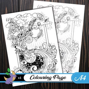 May include: A black and white coloring page featuring a whimsical design of a wave crashing into a cloud with planets, stars, and a whale. The text "Colouring Page" is printed at the bottom of the page.