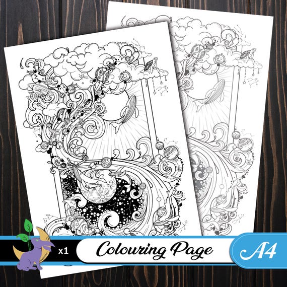 Cosmic Aquatic Space Coloring Page (Printable A4 Digital downloade)