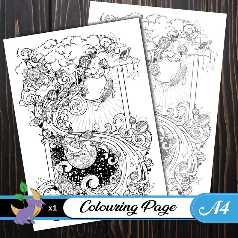 May include: A black and white coloring page featuring a whimsical design of a wave crashing into a cloud with planets, stars, and a whale. The text "Colouring Page" is printed at the bottom of the page.