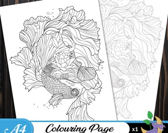 May include: Two A4-sized coloring pages featuring detailed line art of a betta fish with flowing fins and aquatic plants. The pages are black and white, ready for coloring. The text "Colouring Page" is visible on the bottom.