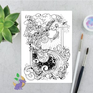 May include: A black and white line art illustration of a swirling wave with planets, stars, and a whale. The wave is surrounded by clouds and other celestial elements.