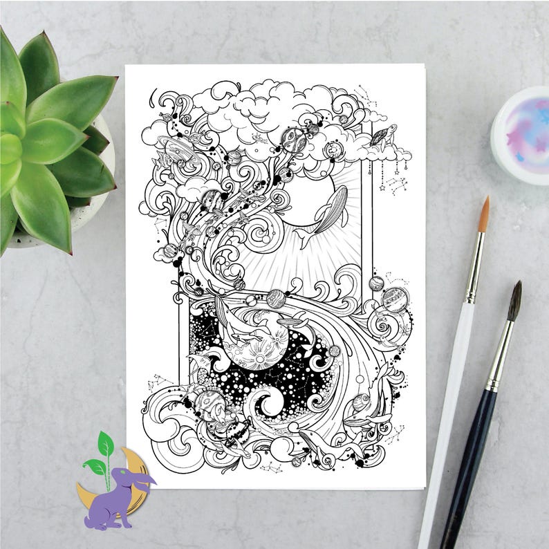 May include: A black and white line art illustration of a swirling wave with planets, stars, and a whale. The wave is surrounded by clouds and other celestial elements.