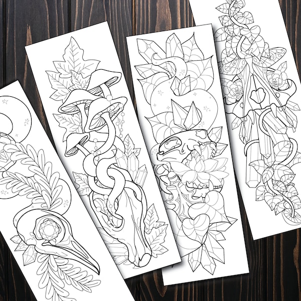 Set of 16 printable bookmarks - Crystals, skulls, mushrooms, and tropical plants  - Digital downloadable file. For adults and kids coloring.