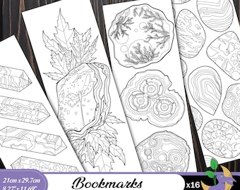 Crystals, minerals, geodes and precious stones Bookmarks: Coloring Pages (Printable Digital Download, Set of 16 bookmark designs)