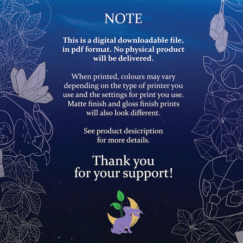 May include: A digital download of a printable PDF file with a note about color variations when printing. The note includes a reminder that the file is a digital download and no physical product will be delivered. The image features a dark blue background with white text and a stylized illustration of a rabbit sitting on a crescent moon with a plant growing from the moon.