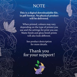 K&ouml;nnte beinhalten: Digitaler Download-Datei im PDF-Format mit dunkelblauem Hintergrund und floralen und Kristall-Illustrationen. Der Text lautet "HINWEIS" und "Vielen Dank f&uuml;r Ihre Unterst&uuml;tzung!" mit Details zum digitalen Produkt.