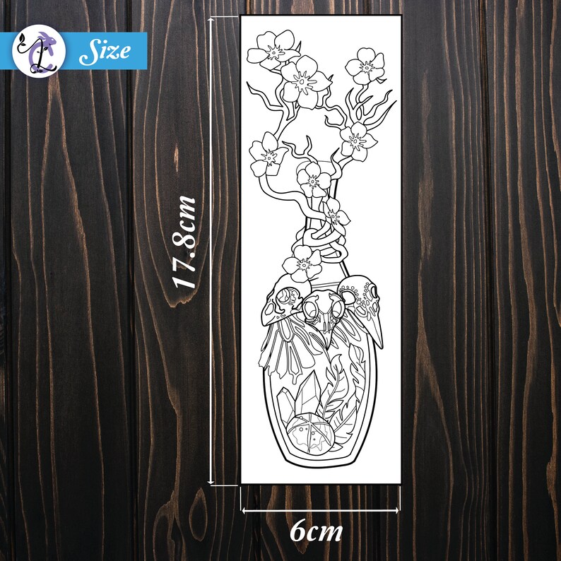 May include: Black and white illustration of a decorative bottle with a floral design. The bottle is 17.8cm tall and 6cm wide. The design includes skulls, crystals, and feathers, with a flowering branch extending upwards. The word "Size" is in the upper left corner.
