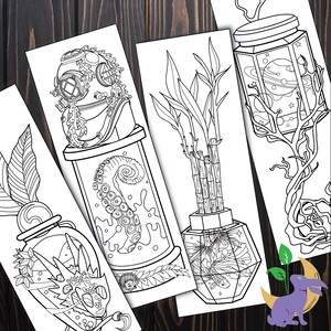 May include: A collection of black and white illustrated bookmarks. Each bookmark features a unique design, including a diver's helmet, an octopus tentacle, bamboo stalks, and a jar with planets. The bookmarks are on a dark wood surface.