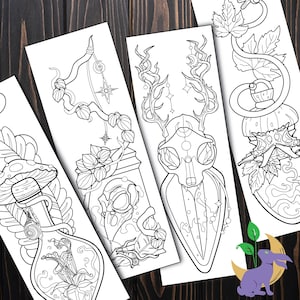 May include: A collection of black and white illustrated bookmarks. Each bookmark features intricate line art designs, including botanical elements, skulls, and celestial motifs. The designs are suitable for coloring.