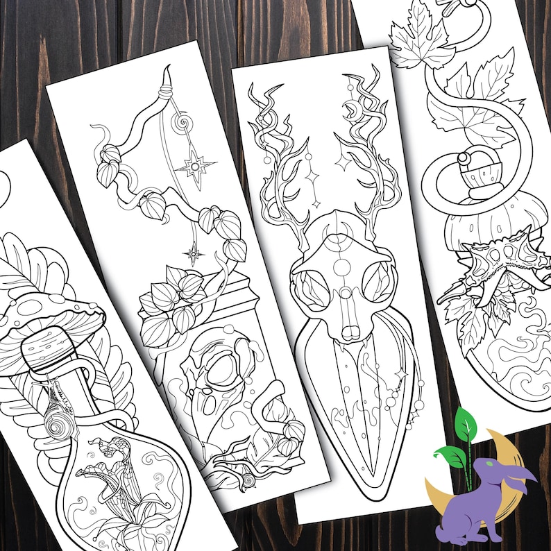 May include: A collection of black and white illustrated bookmarks. Each bookmark features intricate line art designs, including botanical elements, skulls, and celestial motifs. The designs are suitable for coloring.