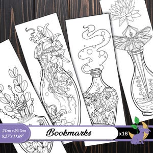 May include: Set of 16 printable bookmarks featuring black and white illustrations of bottles with various floral and nature-inspired designs. The text "Bookmarks x16" is at the bottom of the image.