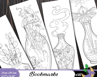 Witchy Potions Coloring Bookmarks: Magic Spells, Jars & Vials filled with magic (Printable Digital Download, Set of 16 bookmark designs)
