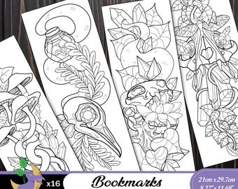 Crystals, Skulls, Botanicals and Mushrooms Coloring Bookmarks: (Printable Digital Download, Set of 16 bookmark designs)