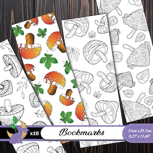 May include: A set of sixteen rectangular bookmarks featuring mushroom and leaf patterns in both full-color orange and white designs and black and white line art. The text on the product reads x16 Bookmarks and 21cm x 29.7cm 8.27 x 11.69.