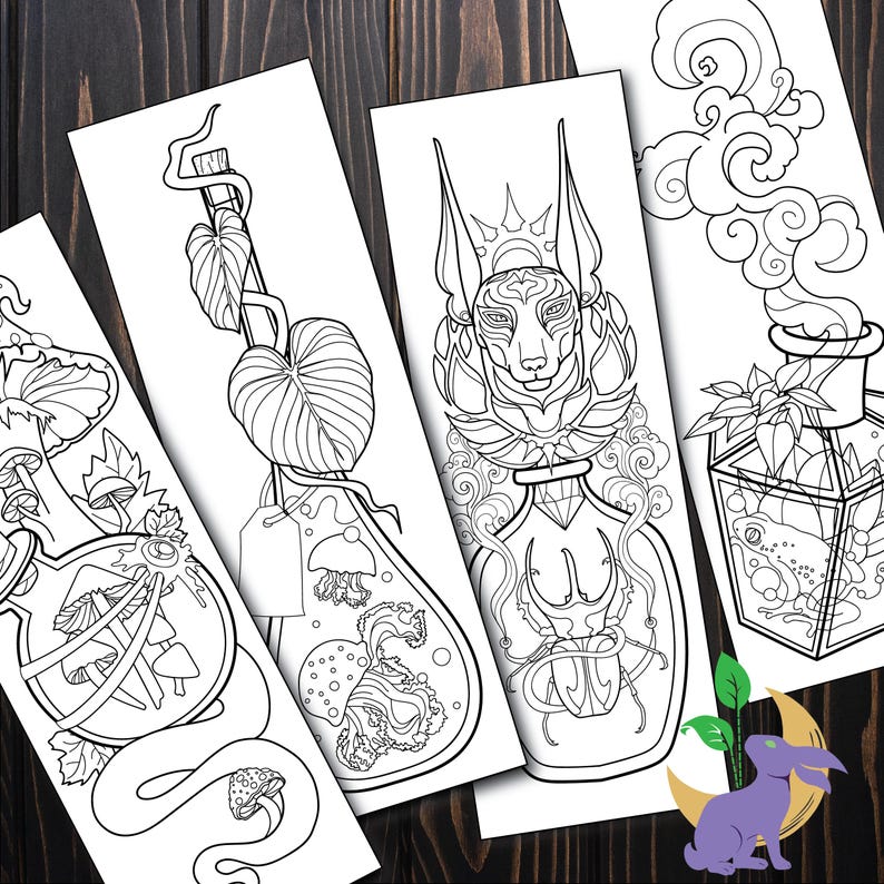May include: Black and white line art bookmarks featuring fantasy illustrations. Designs include a snake, mushrooms, a bottle with leaves, a bottle with a dog-like creature, and a bottle with a frog. The bookmarks are arranged on a dark wood surface.