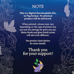 May include: A digital downloadable file in PNG format with text that reads "NOTE" and "Thank you for your support!" The image has a dark blue background with floral and crystal illustrations. A purple rabbit sits on a crescent moon.
