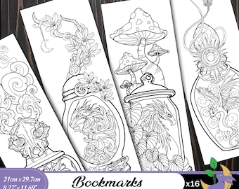 Magical Creatures Coloring Bookmarks: Mythological Creatures in Jars (Printable Digital Download, Set of 16 bookmark designs)