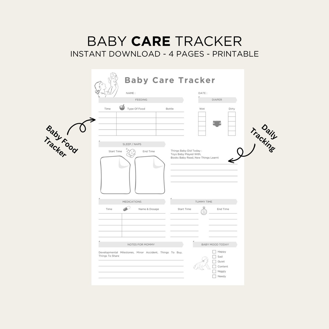 Baby Care Tracker, Baby Food Tracker, Baby Schedule, Baby Log Printable ...