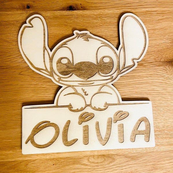 Décoration ou plaque de porte  en bois Stitch  personnalisée prénom chambre enfant