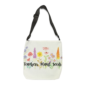 Rentrée scolaire | Impression de fleurs aquarelles peintes à la main | Sac fourre-tout | Les enseignants plantent des graines | Fourre-tout à sangle ajustable de 16 po x 16 po