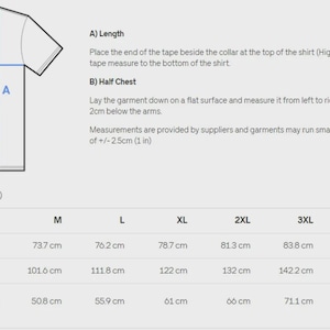 May include: Size chart for a t-shirt with measurements in centimeters for different sizes: S, M, L, XL, 2XL, 3XL, 4XL, and 5XL. Measurements include length, width, and half chest.