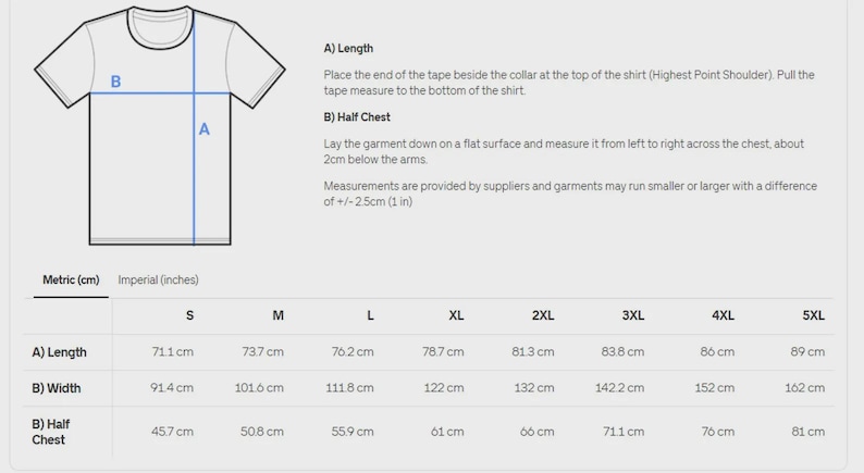 May include: Size chart for a t-shirt with measurements in centimeters for different sizes: S, M, L, XL, 2XL, 3XL, 4XL, and 5XL. Measurements include length, width, and half chest.